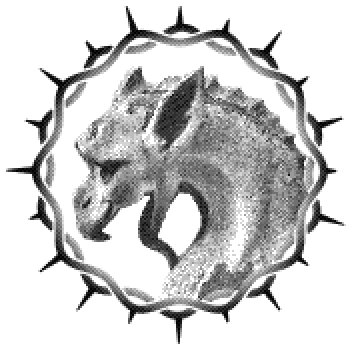 a dithered greyscale image of gargoyle (technically a grotesque) from notre dame, framed by a ring of thorns