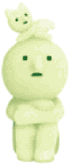 a pale green smiski doll sitting down with a cat sitting on its head