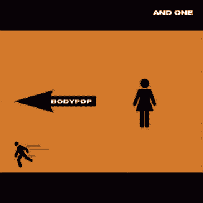 cover for the band and one's album 'bodypop'. it's almost entirely orange with two figures in the style of simple signage illustrations. the figure of a woman stands still
                and a the smaller figure of a man runs to the left, following an arrow which says the title of the album.