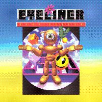 album cover for eyeliner's album 'dropshadow'. features an orange ball-jointed
              figue with one eye standing in front of a maze and scattered graphics, all in the style of 90s early CGI