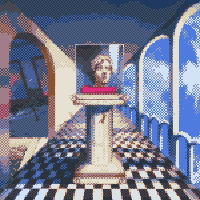 cover for hakita's album 'music for digital musems'.
                illustration of a white marble portrait statue of a man on a pedestal in a dreamlike hallway.