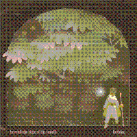 album cover for lookfar AKA louie zong's album 'beyond the edge of the world'. depicts
              an arched doorway/window brimming with foliage and a small figure in white with a staff and a mote of light emerging from the greenery.